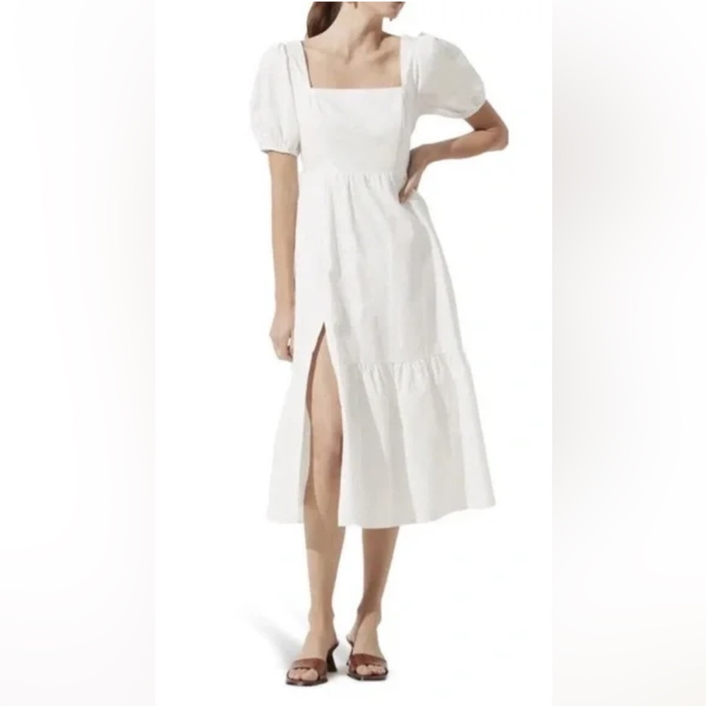 ASTR The Label - Women's Poplin Puff Sleeve Tiered White Midi Dress XS